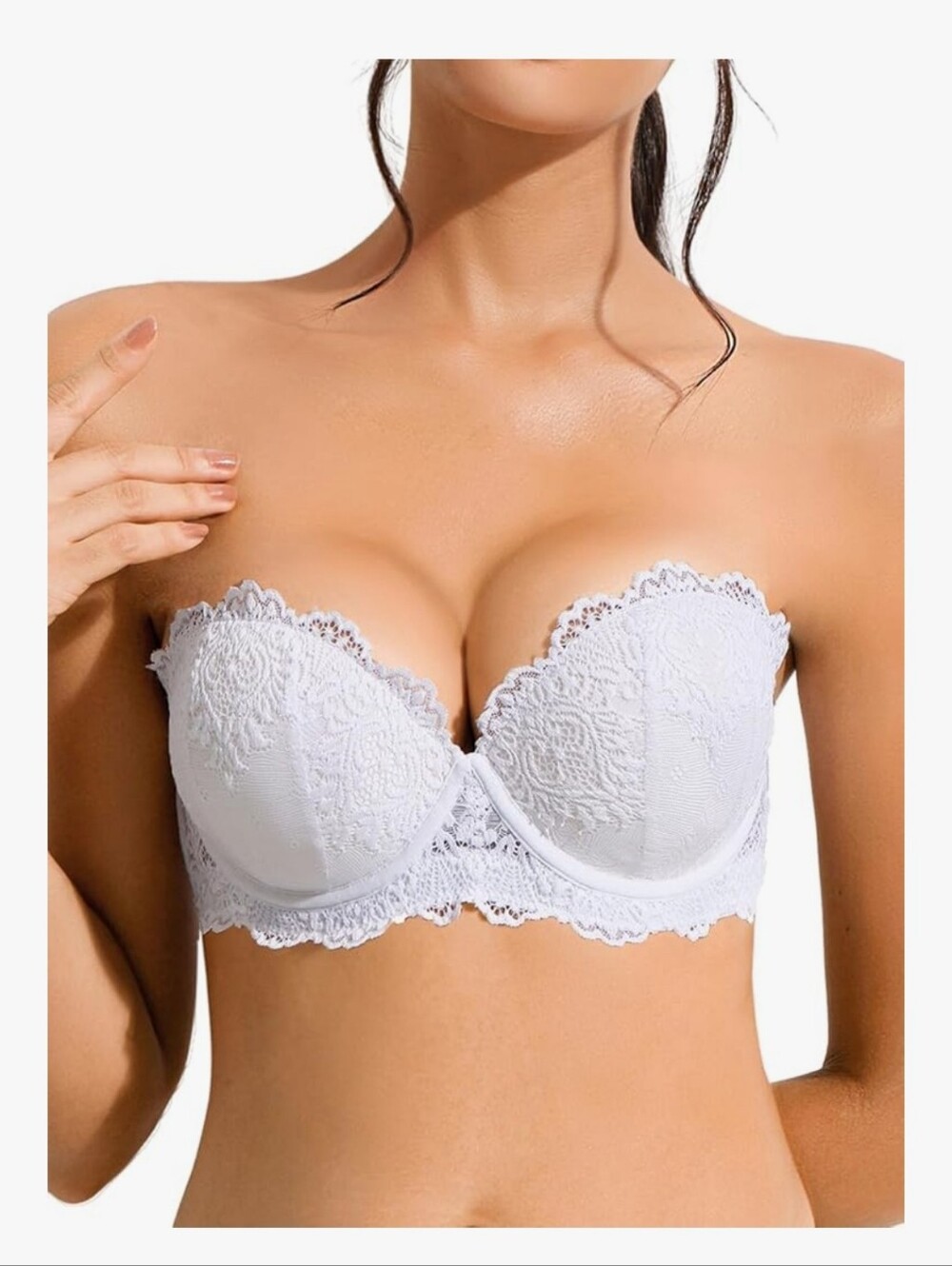 Push Up Strapless Bra. Clear & White Straps. Padded Lace Balconette. White, 34B